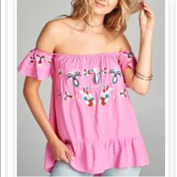 Velzera Tops - Velzera Embroidered Off Shoulder Ruffle Top
